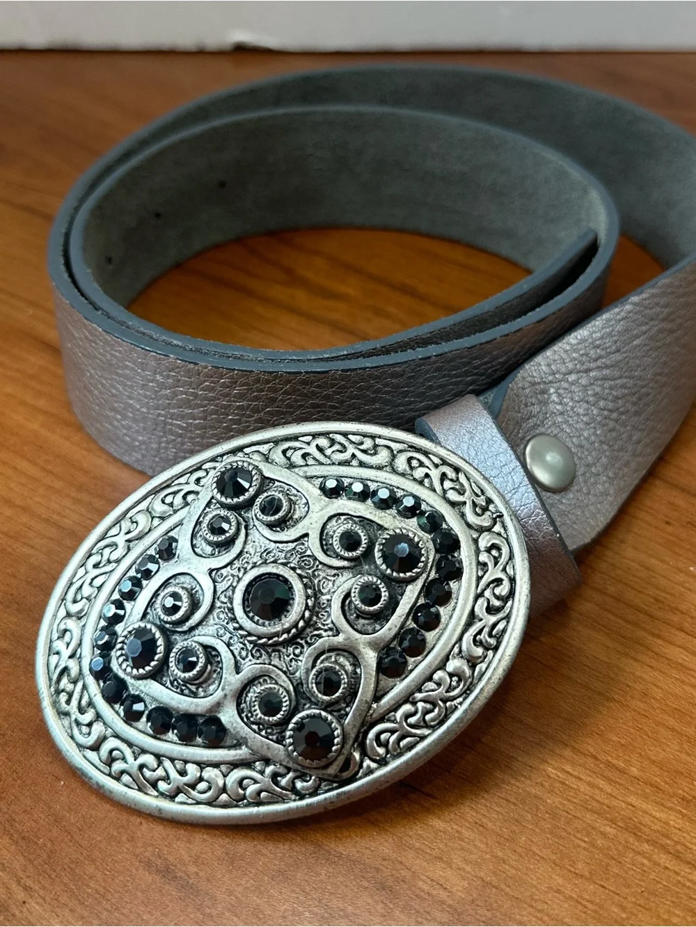 Gabriel B Rhinestone Encrusted Ornate Bling Silver Buckle Leather Belt 38